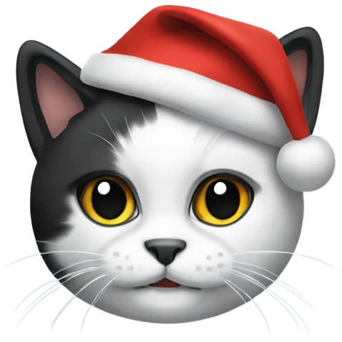 Cat with black and white fur wearing a Christmas beanie emoji