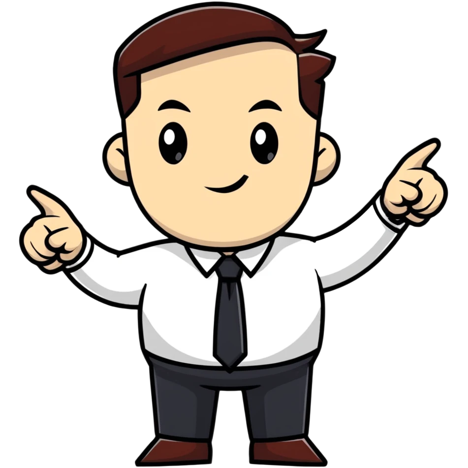 Boss character with a confident pose, business attire, pointing forward emoji