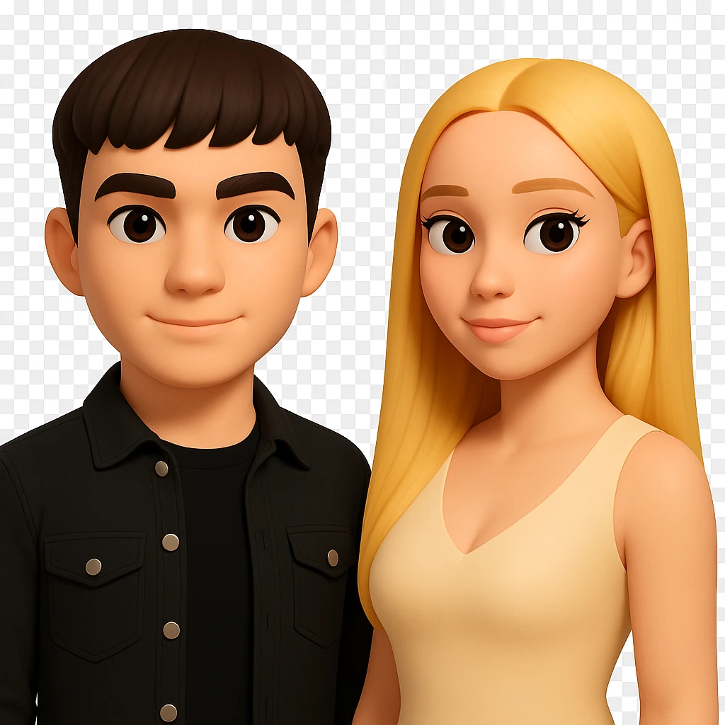 Slightly increase the volume of the upper body of the girl, separate the girl and the boy from each other, make the skin color the same for both characters. Maintain the cartoonish 3D style and keep the background transparent. emoji