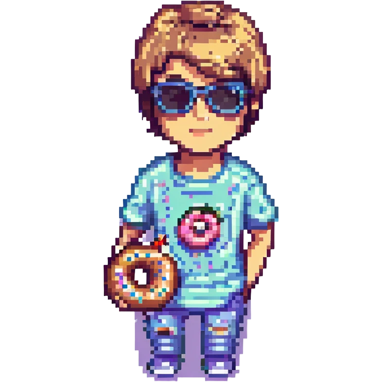 Add sunglasses to Justin Bieber while he holds a donut, keep pixel art style, no background, sunglasses added on face, donut in hand visible clearly. emoji
