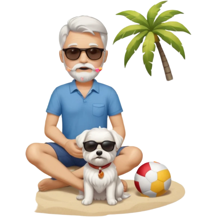 white man grey hair beard holding a white Maltese sitting on a beach full body emoji