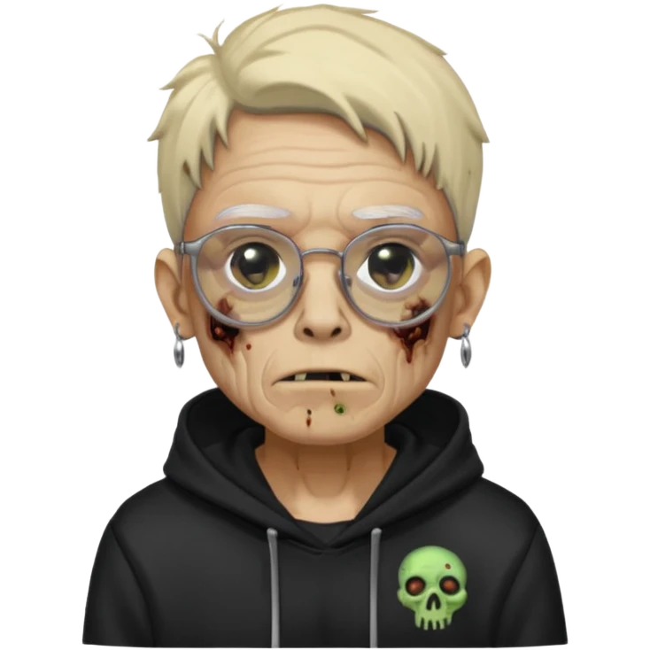 Chico moreno zombie, con gafas y sudadera negra, dos aretes en la oreja izquierda y dos en la derecha, ojeras en los ojos y emoji