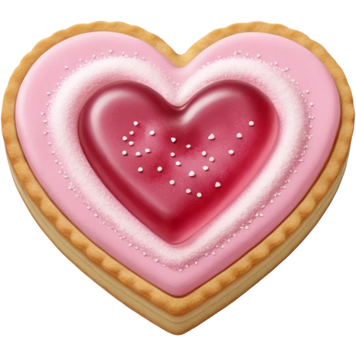 Realistic shortbread cookie in the shape of a heart with pale pink jelly middle filling and sprinkled powder sugar on top. emoji