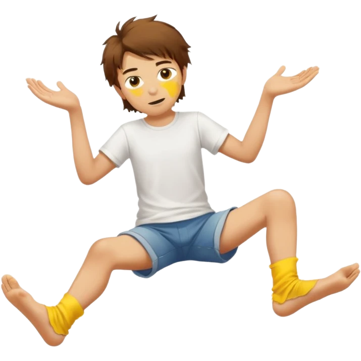 barefooted boy with messy brown hair and yellow skin spreading his legs emoji