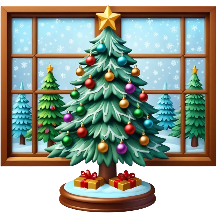 3D rendering realistic still life ultra detailed, christmas tree lit up by a frosty window emoji