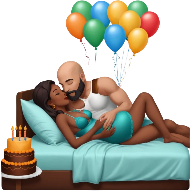 Muscular Bald white male has a orange beard, blue eyes kissing curvy African American dark brown woman wearing long brown black hair and dark green lingerie Laying in bed with chocolate birthday cake and balloons  emoji