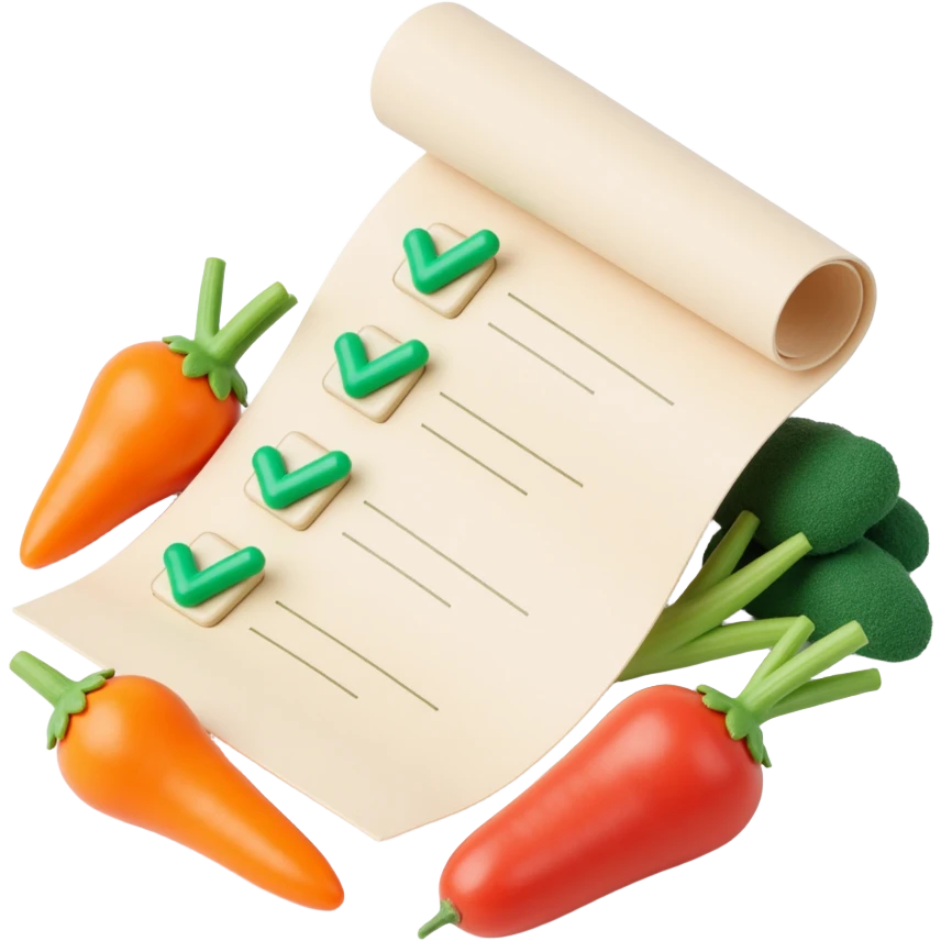 floating rolled paper list with green checkboxes and around vegetables emoji