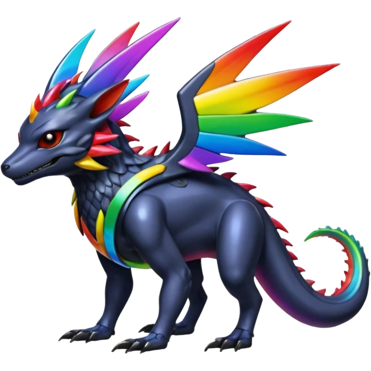 Oil-Slick Rainbow-Dark Metallic-Glossed Sleek Futuristic Cyber-Nargacuga-Vernid-fusion-creature (full body) emoji