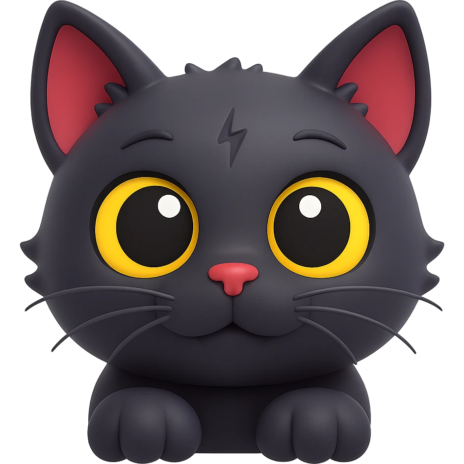 Make the black cat with big yellow eyes and thunder scar even cuter, emphasize big eyes, rounder face, playful expression, in the style of 3D Emoji. Keep no background. emoji