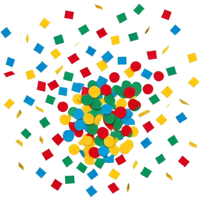 Colorful confetti pieces floating in the air, scattered randomly with a sense of motion. The confetti includes small paper strips and round shapes in vibrant colors like red, blue, yellow, and green. Soft shadows and subtle transparency give a light and festive feel. Flat, modern illustration, clean and minimal, white background. emoji