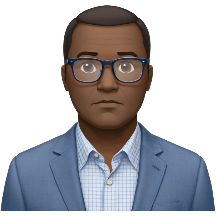 Larger 50-year-old man with extremely wide square face and prominent jawline. Full head of short straight dark hair with some gray, combed neatly to the side. Large dark square-framed glasses. Serious expression. Wearing a light gray blazer over a white button-up shirt with blue checkered pattern. emoji