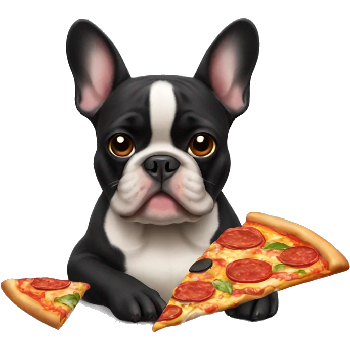 All black French bulldog eating pizza emoji