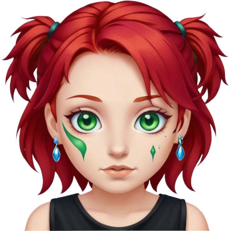 a girl with red hair and green streaks, blue eyes, piercings in a black dress emoji