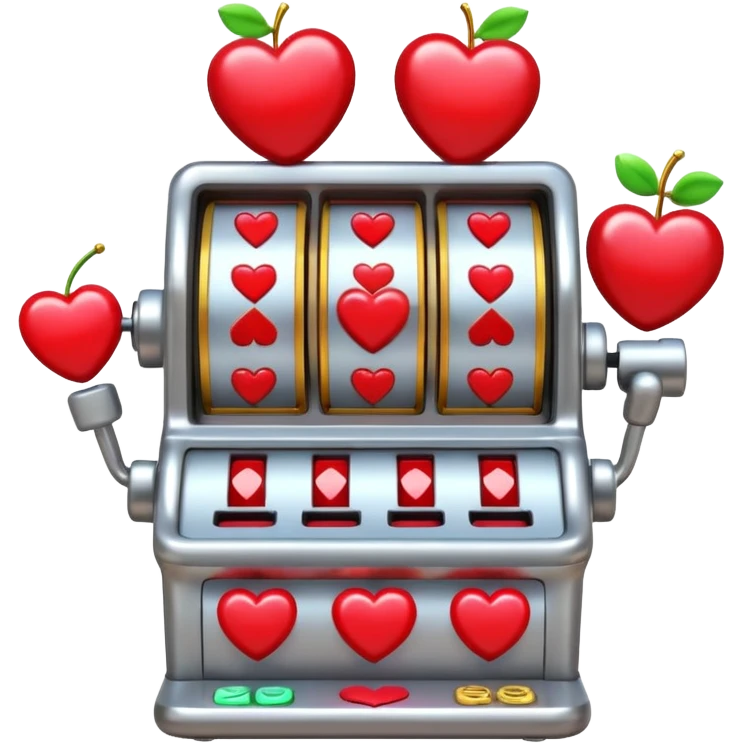 A 3D cartoon slot machine showing hearts and cherries, shiny metallic finish, Memoji-style realism. emoji