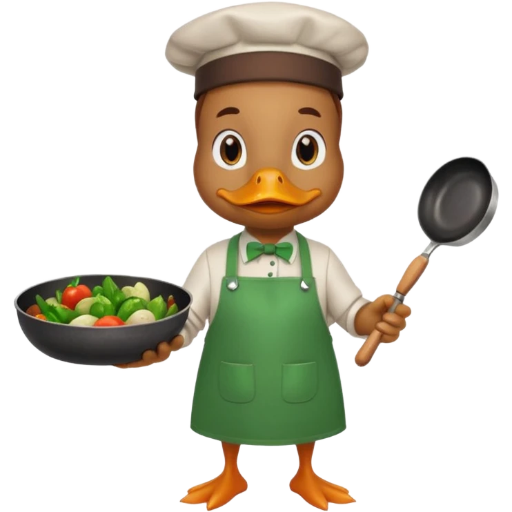 A duck holding a frying pan with sizzling vegetables, wearing green apron emoji