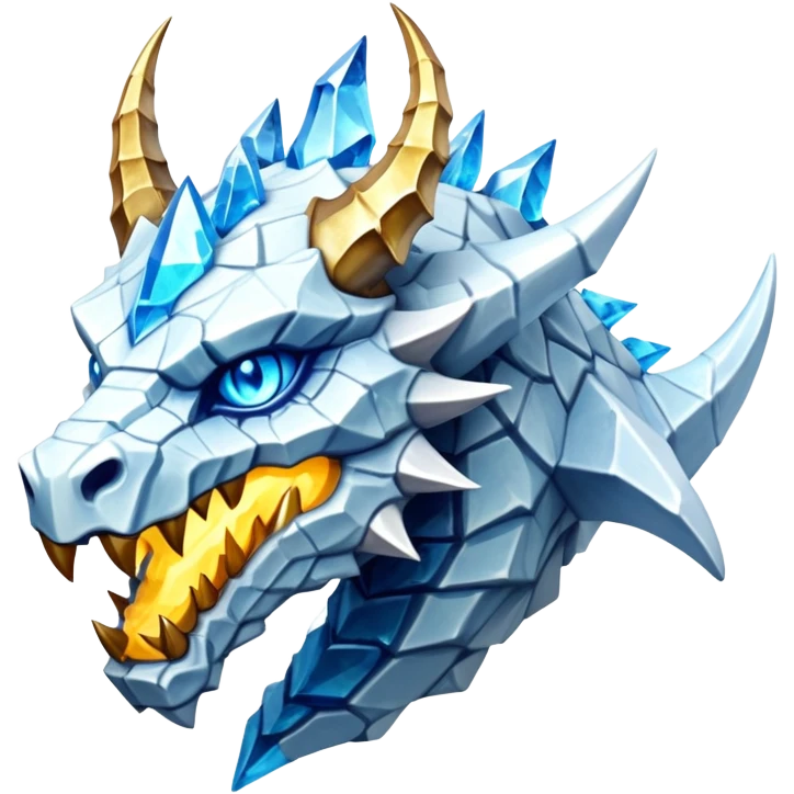 This extraordinary hybrid creature combines the elemental power of an ice dragon with the raw physical might of a stone golem. Its core body resembles a cluster of angular, faceted stones that have been infused with magical ice energy. The creature's head features a draconic shape with curved horns and piercing amber-gold eyes, but parts of its face retain the jagged stone texture. Blue-white energy flows between the rock segments, creating glowing lines throughout its body. The creature has developed partial wings made of crystalline ice formations extending from its rocky frame, and its tail alternates between stone segments and ice spikes. Sharp teeth line its mouth, some appearing as polished stone, others as ice crystals. Frost continuously emanates from its body, and when it moves, it creates a distinctive sound of grinding stone and crackling ice. emoji