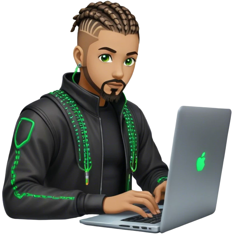 Light skinned African American male with green eyes as a cyberpunk hacker with cornrows hairstyle but short cornrows  with goatee facial hair  no beard hacking/coding on laptop  emoji