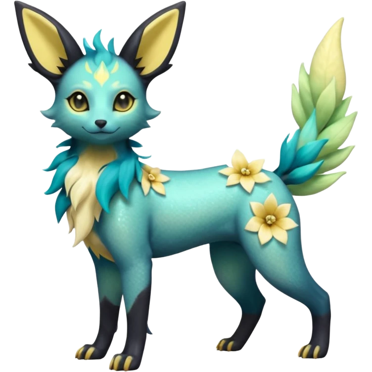 Multicolored sparkly light pale pastel whitish pretty cool elegant realistic flowery exotic Trico-Bolthund-Electrike-Luxray-Umbreon-Leafeon-hybrid, full body emoji