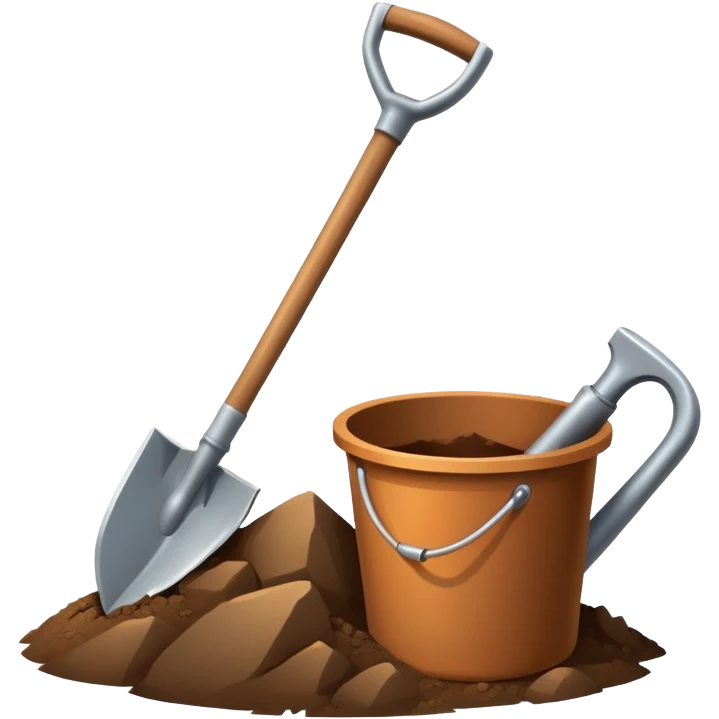 An icon featuring a shovel, pickaxe, and an ancient artifact like a broken pot, symbolizing the essentials of archaeology. The design focuses on the tools of excavation and discovery, with minimal detail for a clean, recognizable look. Transparent background. emoji
