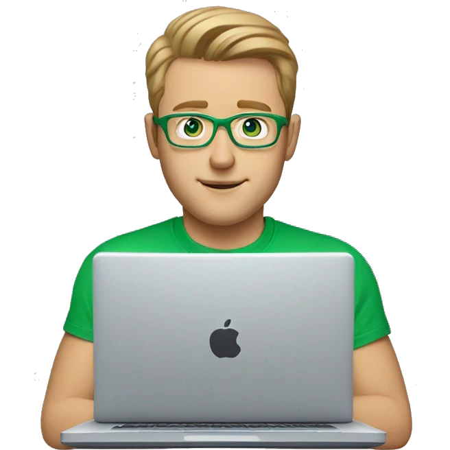white man with blue eyes and light brown hair and square glasses wearing green t-shirt using laptop emoji