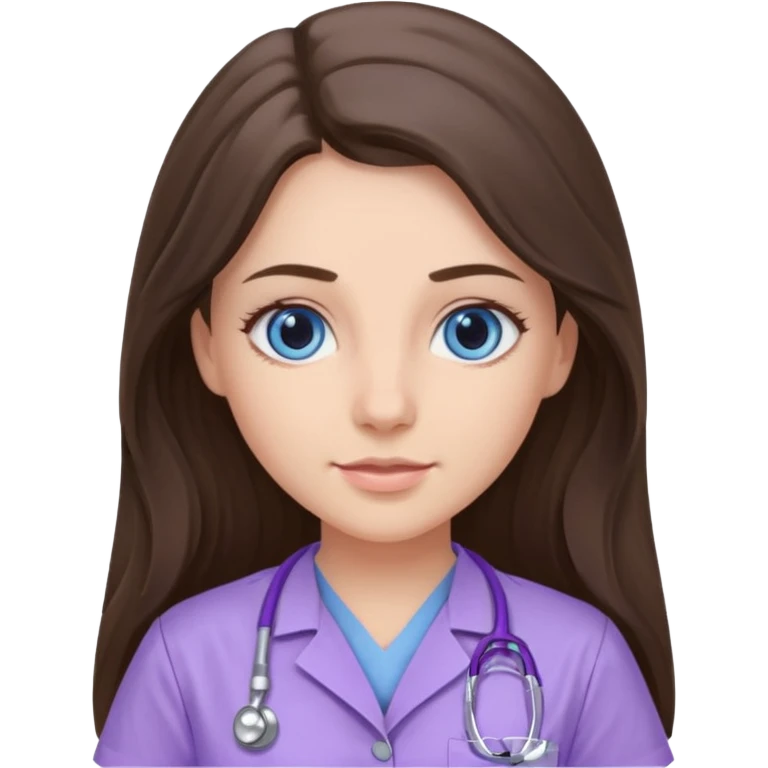 pretty brunette nurse with long hair and blue eyes in lilac scrubs emoji