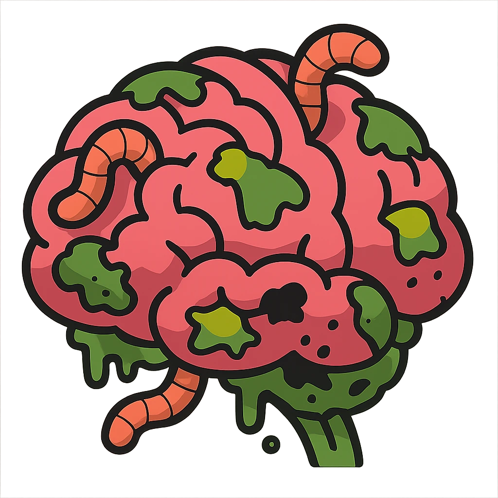 brain with greenish rot, worms crawling out, and decayed patches, cartoon style emoji