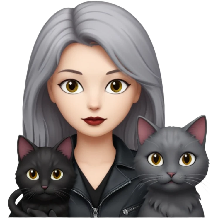 femme aux yeux gris, cheveux court bordeaux avec cuir noir, accompagné d'un chat poils longs gris clair et d'un chat poils ras noirs emoji