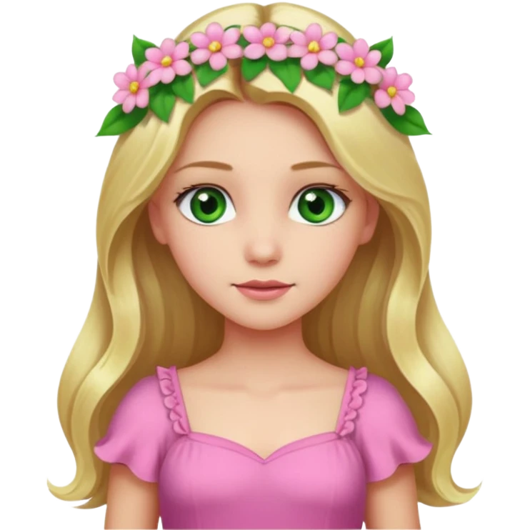 Girl profile picture with long blonde hair and green eyes and a flower in her hair. and a pink outfit emoji