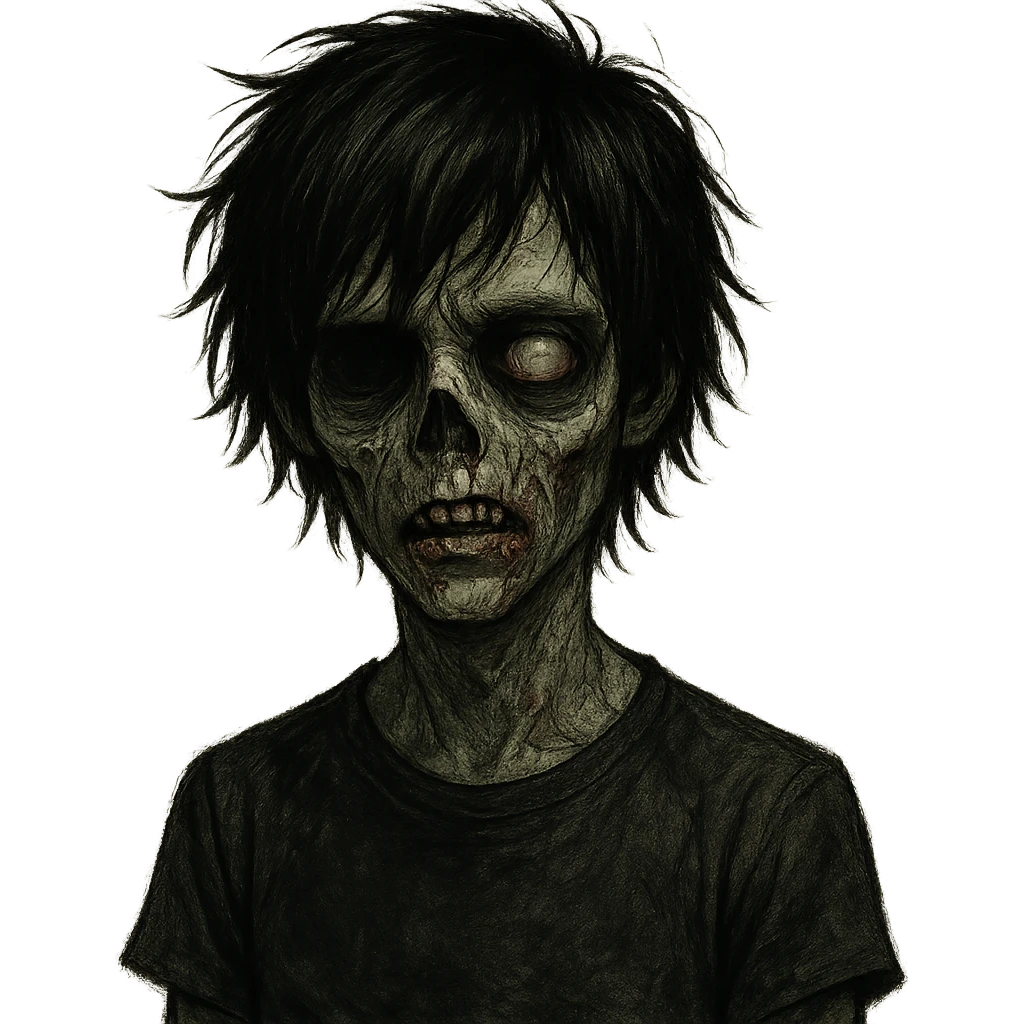 zombie boy with messy black hair, emo style, medium length, eerie and unsettling look emoji