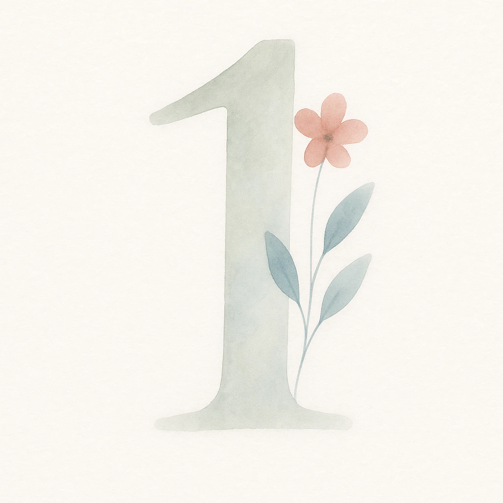 soft watercolor illustration in a minimalist modern style, large number 1, gentle whimsical mood, pastel colors, delicate linework, minimal soft shading emoji