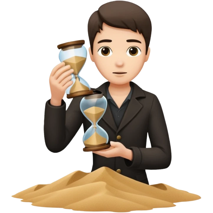 Character holding a broken hourglass, sand frozen mid-air emoji