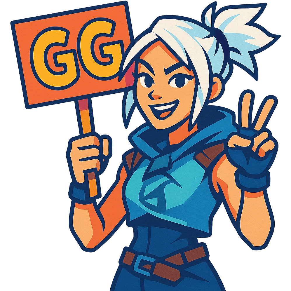 Jett from Valorant holding a sign with the text 'GG', energetic and cool personality, vibrant colors emoji