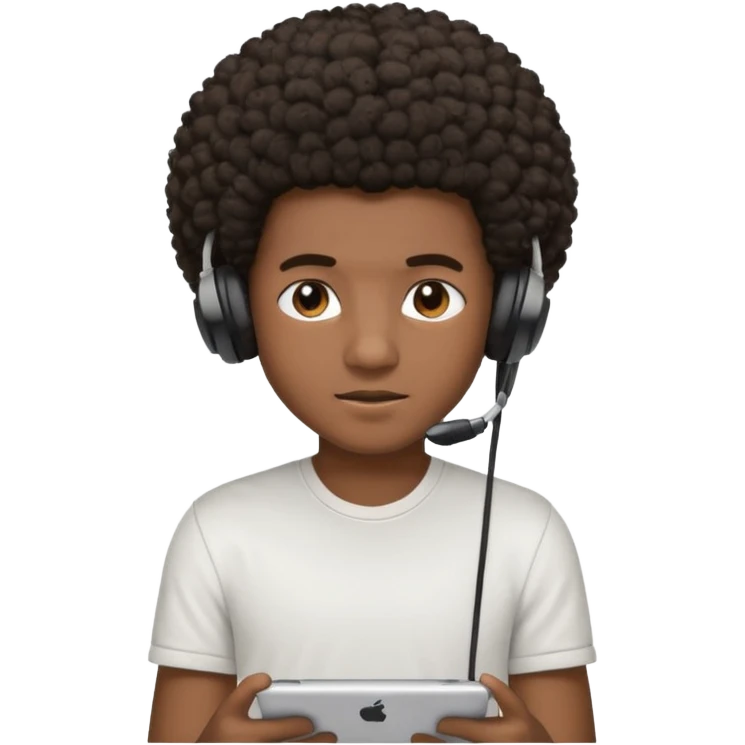 A dark-skinned boy with an afro, gamer , and ears, wearing a white shirt. emoji