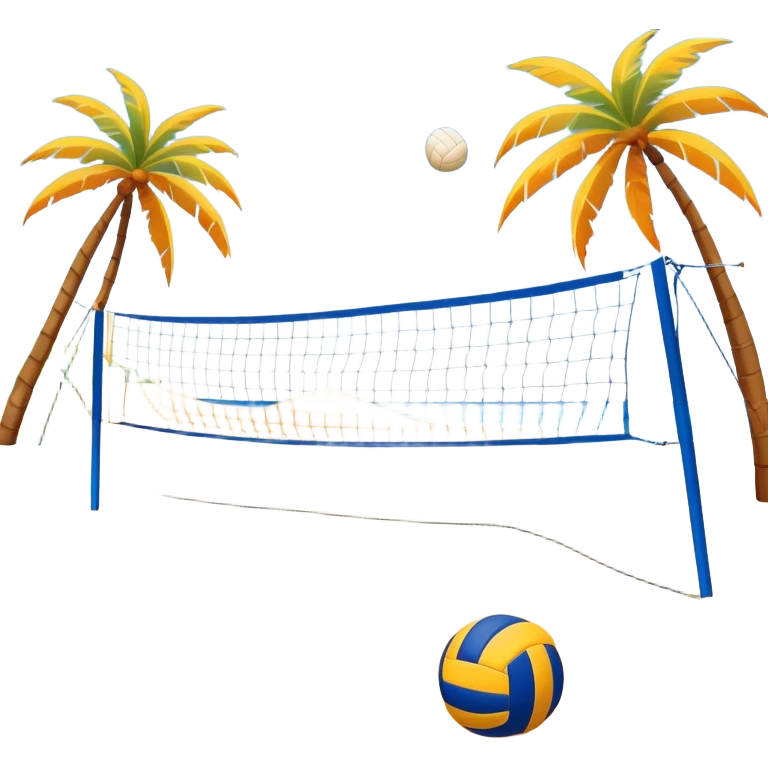 A volleyball resting on the orange sand ground of a beach, with a volleyball net in the background. The scene captures a sunny beach atmosphere with clear blue sea and sky, palm trees swaying, and people in swimsuits enjoying the vibrant surroundings emoji