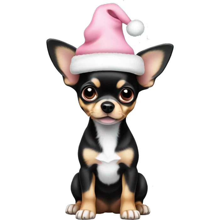 black & tan chihuahua puppy full body light blue eyes pink christmas hat on emoji