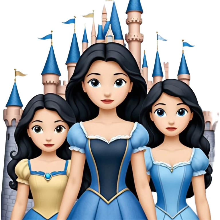 Quiero que crees una imagen donde este el castillo de Disney y por detrás o delante pon a 4 chicas: una con el pelo largo rizado marrón , otra con el pelo muy corto negro, como un chico, otra con el pelo mediano liso marrón con ojos azulesy otra con el pelo negro largo liso . Todos son color carne.  emoji