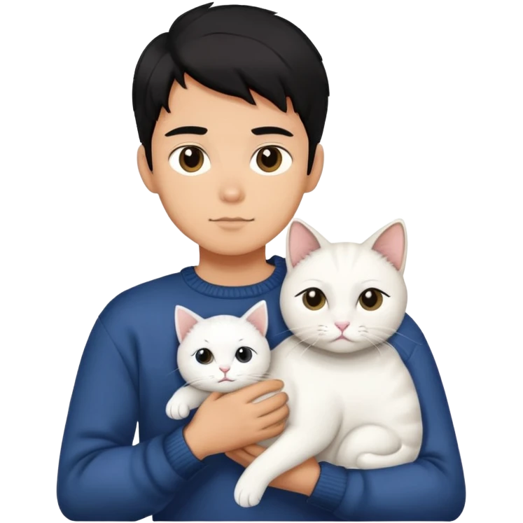 A handsome boy with black hair wearing a sweater is holding a white cat emoji
