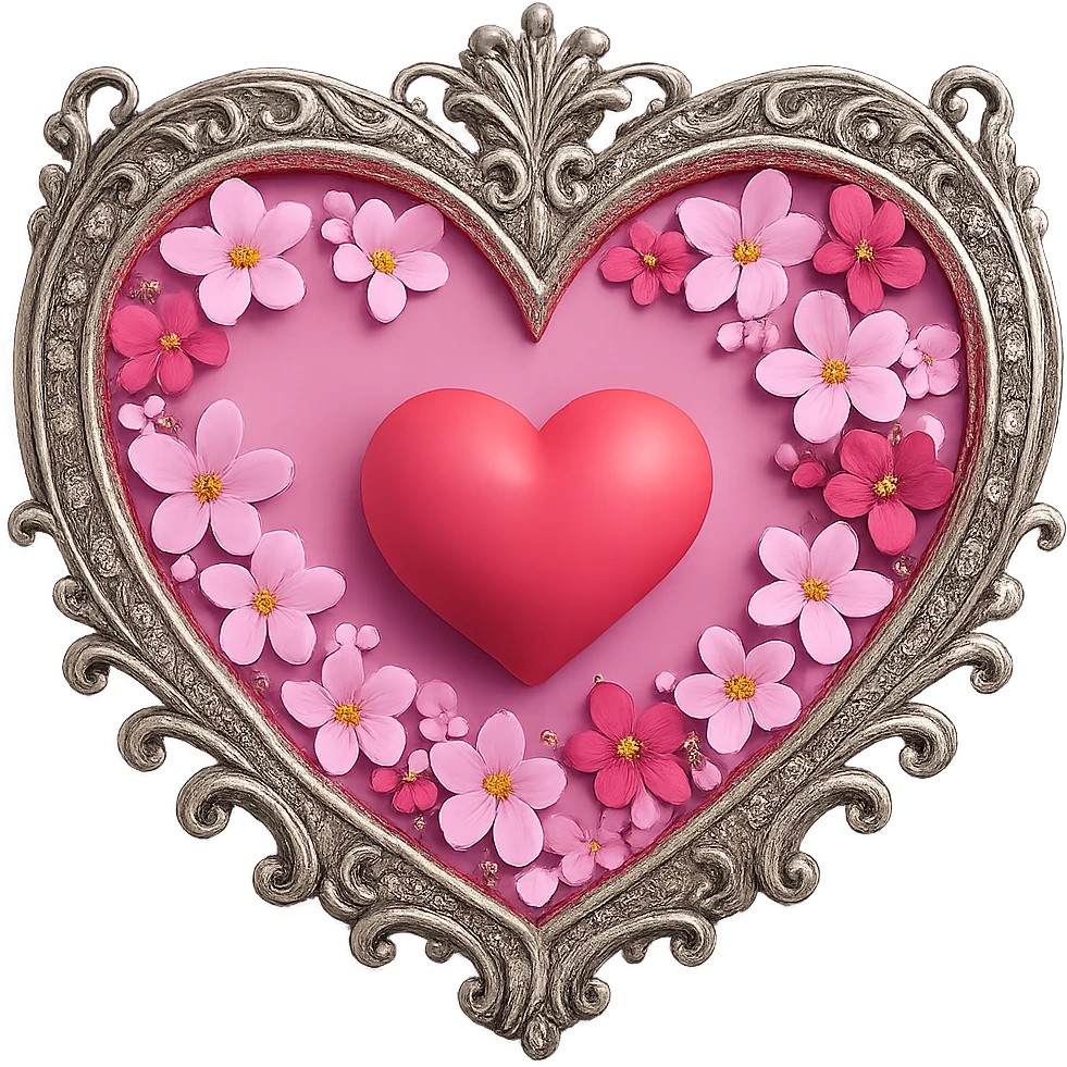 Make the silver accents and details extremely prominent and abundant on the heart with sakura, 3D emoji style, no background. emoji