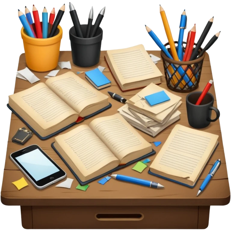 Messy Desk with books and pens emoji