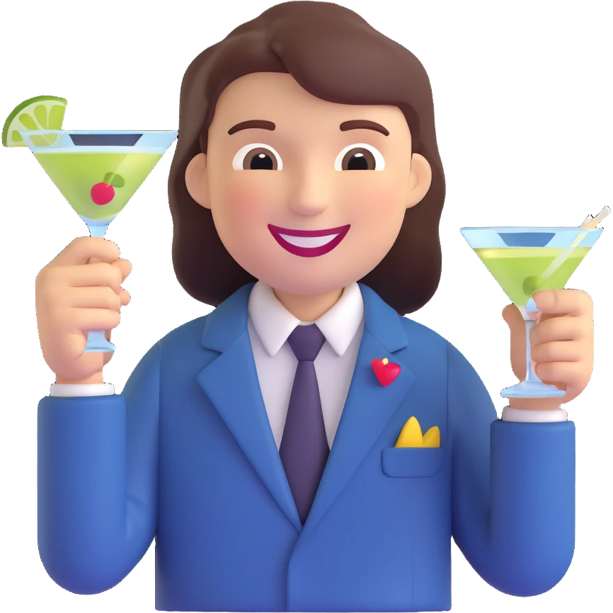 smiling face making rock 'n' roll gesture, holding a martini glass, rainbow theme emoji