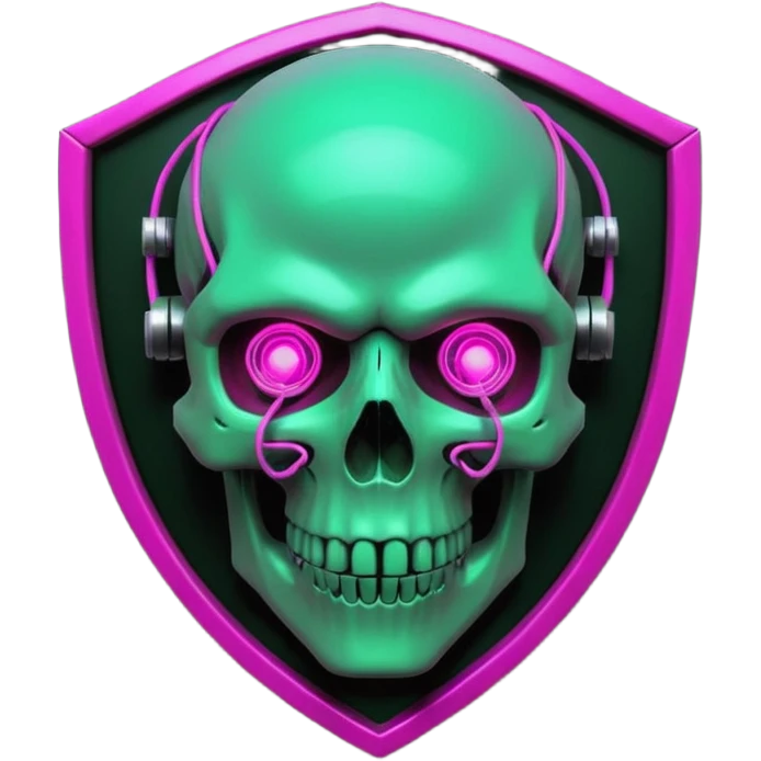 Cyberpunk shield, skull with cybernetic implants, glowing wires, dark electric pink and grenn, black tones, no background emoji