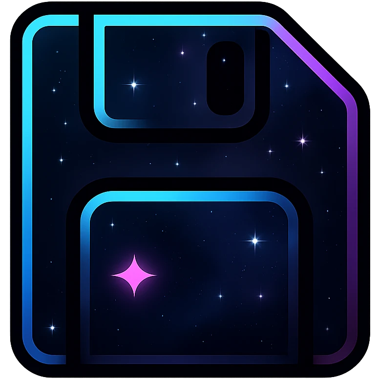 save icon, modern clean abstract save symbol with neon border and glowing effect, dark purples blues blacks base, nebula gradients, small bright stars, specular highlights, luminous look emoji