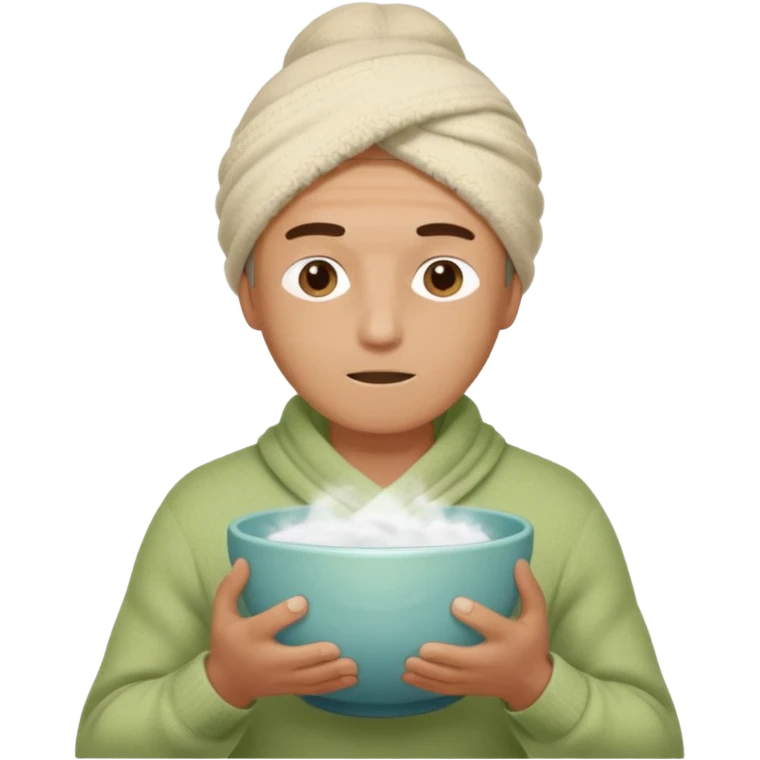 чоловік що дихає парою над мискою в теплій кофті і з полотенцем на голові, яке просто висить, двома руками тримаючи миску emoji