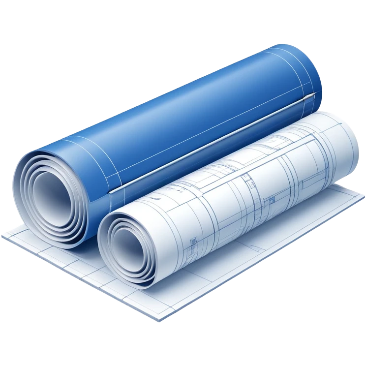 blue blueprint plan with white architectural lines, half rolled up, perspective view emoji