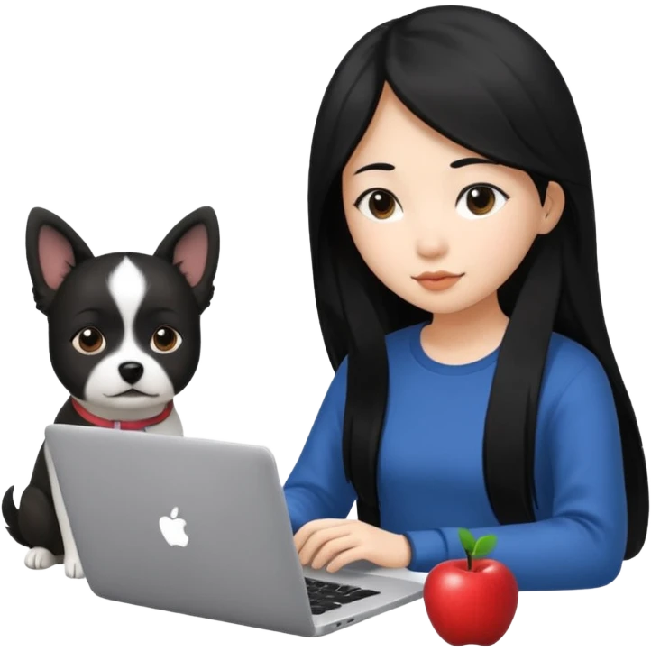 Asian girl with long black hair working on an Apple laptop, next to her is a small black and white dog with no collar on  emoji
