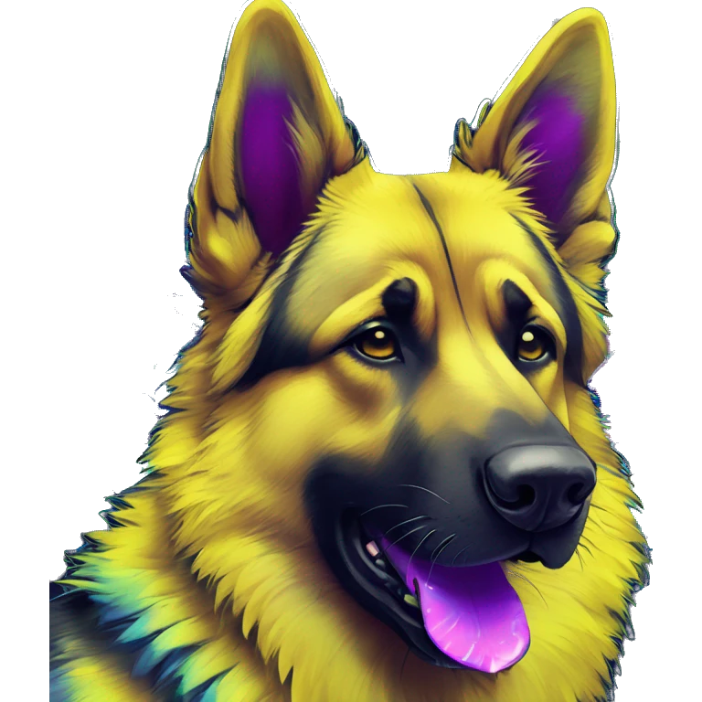 .Zombie_ Vaporwave black holographic oilslick zombie yellow German shepherd dog yellow caution tape graffiti stripes iridescent blue purple mane yellow stripes emoji
