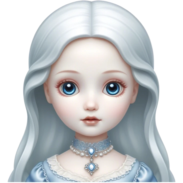 Cinematic, Ultra realistic 32k HD, hauntingly beautiful porcelain doll, Balanced features, highly detailed, glowing with silver light, high shine, remembrance, a painting of white silver, fanciful, enchanting, ghostly. The image is so lifelike it could leap off the canvas at any moment emoji