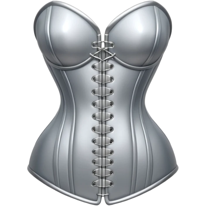 A luxury corset emoji made of silver chrome, smooth metallic curves, minimal fashion silhouette, glossy reflections, sensual high-end aesthetic, iOS emoji style, centered, clean white background emoji