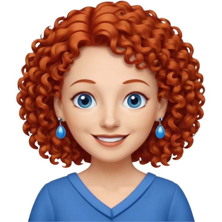 una profesora mayor simpática con el pelo rojo rizado, ojos azules, vestido azul y pendientes azules hablando emoji