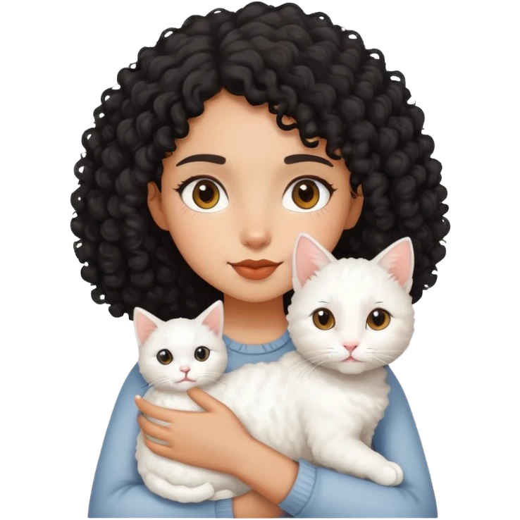 A black curly-haired girl holding a white cat emoji